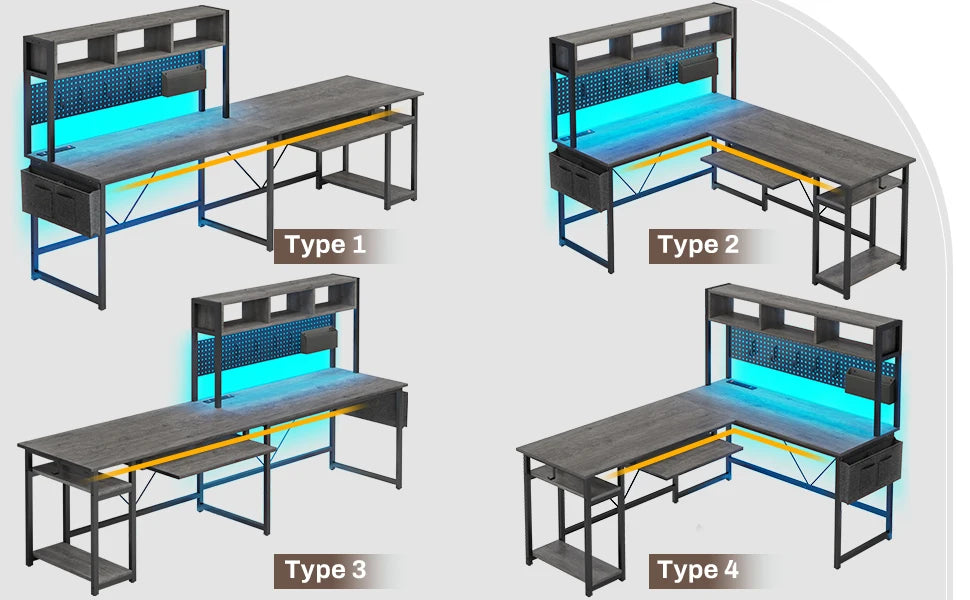 Shaped Desk, 94.5 Inch Home Office Desk with Power Outlet & Pegboard, L Shaped Gaming Desk with LED Light, Keyboard Tray