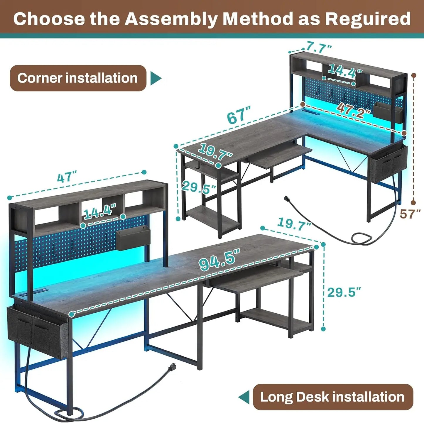 Shaped Desk, 94.5 Inch Home Office Desk with Power Outlet & Pegboard, L Shaped Gaming Desk with LED Light, Keyboard Tray