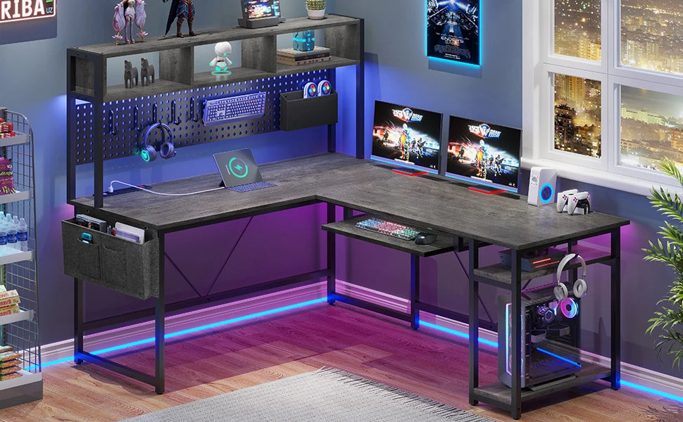 Shaped Desk, 94.5 Inch Home Office Desk with Power Outlet & Pegboard, L Shaped Gaming Desk with LED Light, Keyboard Tray