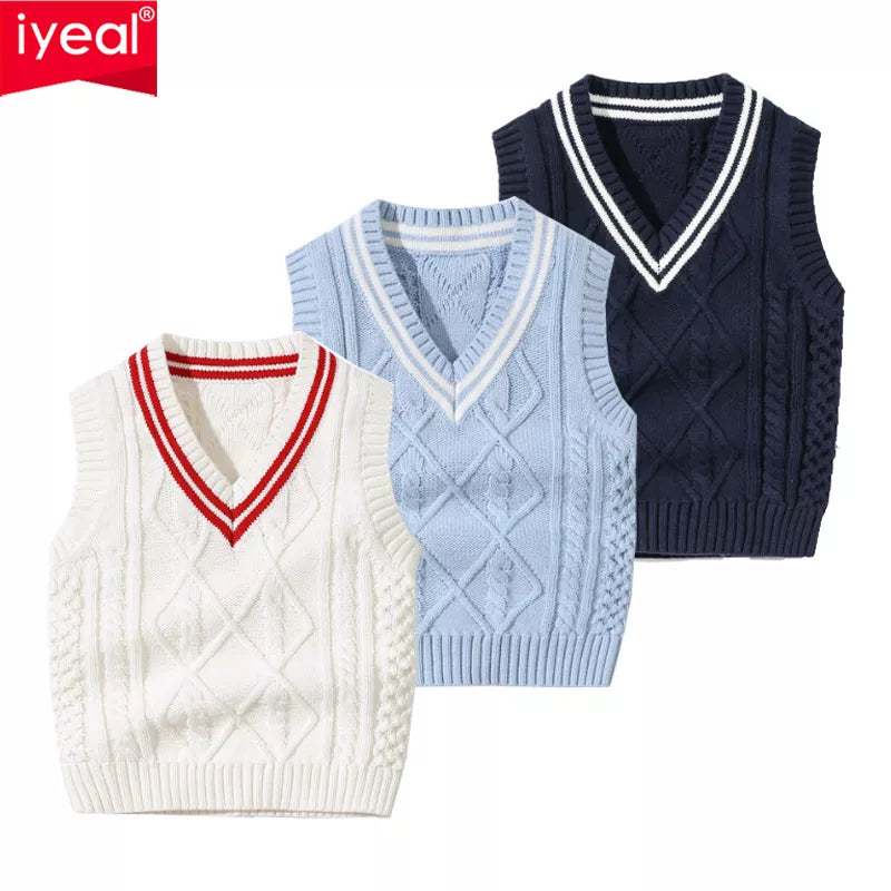 IYEAL Kids Baby Boys Girls V-neck Sleeveless Twist Knitted School Uniform Vest Pullover Sweater for Children Toddler Clothes