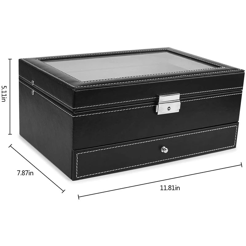 12 Slots Watch Box Mens Watch Organizer PU Leather Case with Jewelry Drawer for Storage and Display