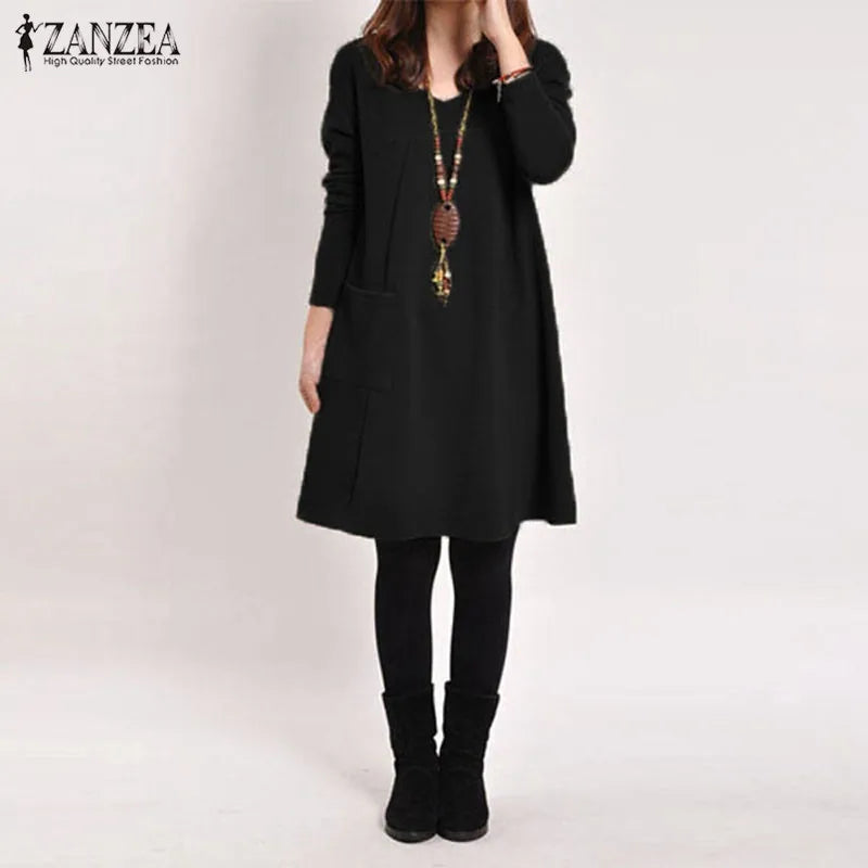 Zanzea 2023 Autumn Winter Women Long Sleeve Pocket Dress Solid O Neck Casual Loose Dresses Vestidos  S-