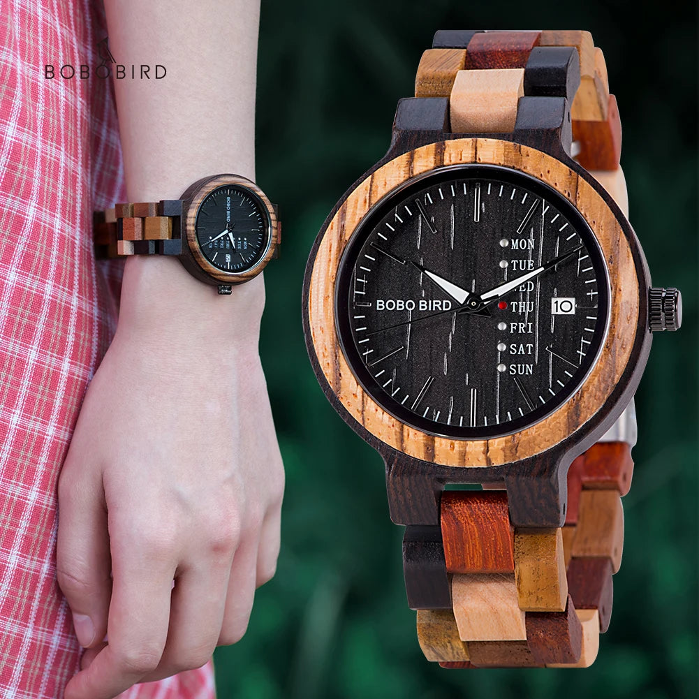 BOBO BIRD Couple Watch Colorful Wooden Strap Watch for Women Week Date Display Quartz Personalized Wood Wristwatch for Men Women