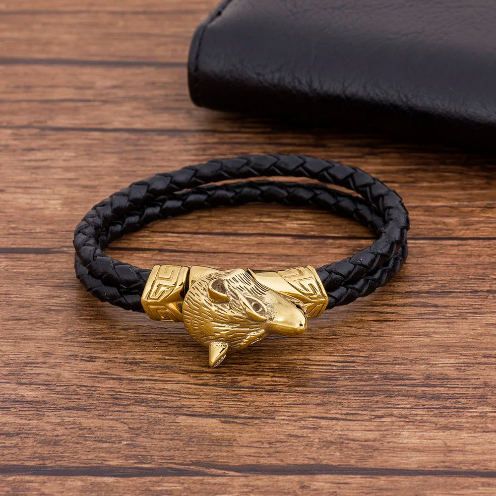 TYO Fashion Cool Charm Animal  Men Bracelet Wolf Braided Rope Rock Punk Stainless Steel Jewelry Accesoories Bangles