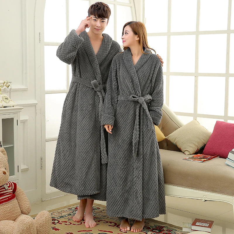 Women Robe Winter Bathrobe Unisex Coral Waffle Long Sleeve Knitted Sleep Dress Men Robes Lovers Fleece Robe Warm Bathrobes