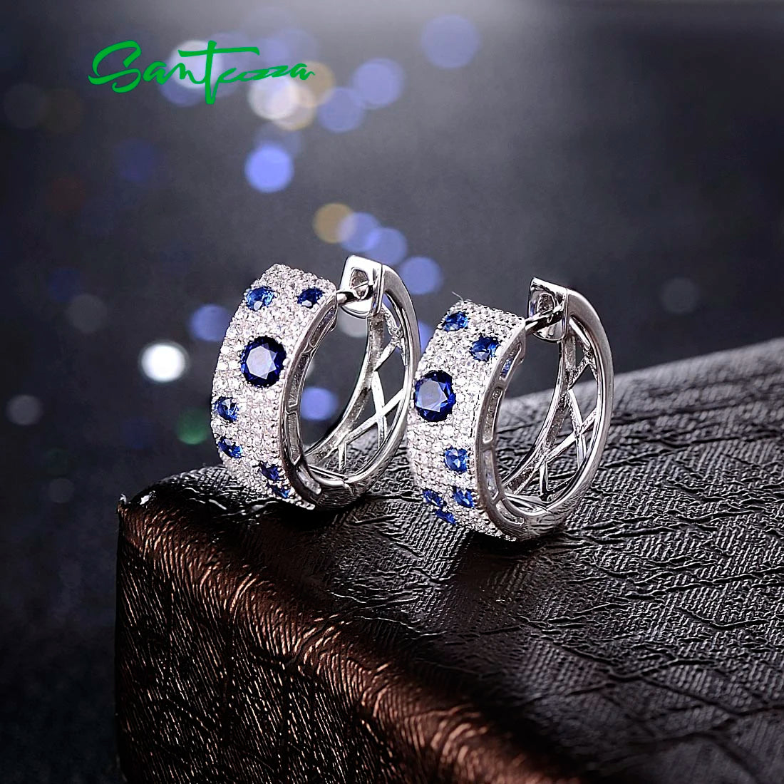 SANTUZZA 100% 925 Sterling Silver Earrings For Women Green Spinel Created Ruby Blue Cubic Zirconia brincos Trendy Fine Jewelry