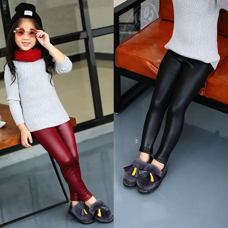 Girl Leggings Autumn Winter Thick Warm Kid Baby Bottom Part Pants PU Leather Pencil Pants Skinny Black Leather Leggings Trousers