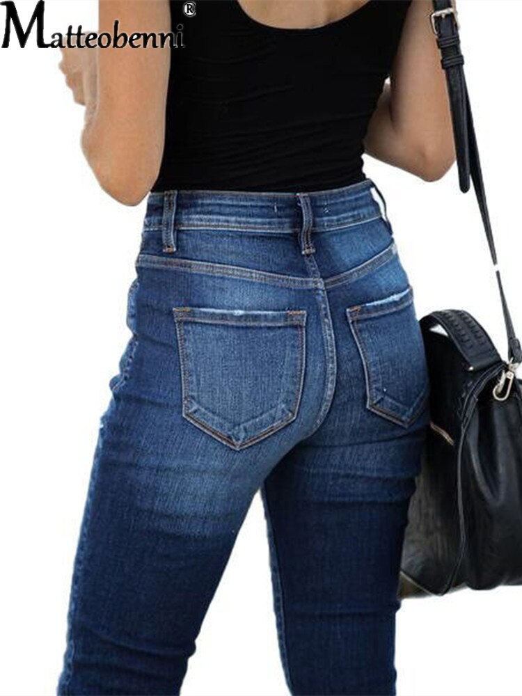 2021 Autumn Sexy High Waist Jeans Stretch Ripped Jeans For Women Denim Skinny Jeans Mom Multi-Breasted Pencil Pant