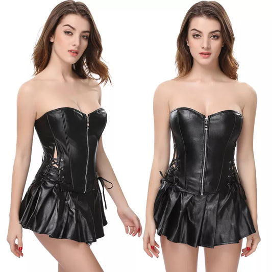 S-6XL Plus Size Lingerie Women Black Faux Leather Burlesque Steampunk Corset Dress Gothic PVC Corset Vest Bust 829