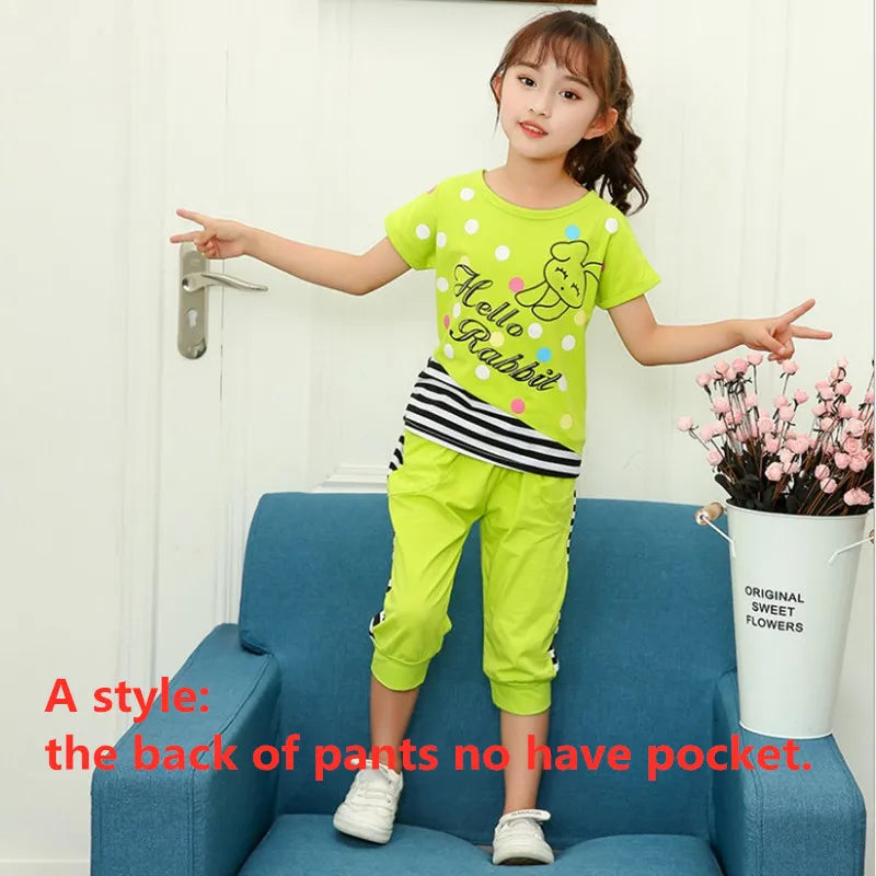 5-14T Girl Summer 2023 New Children Clothing Set Cotton Cartoon Letter Girls Clothes Casual Short-Sleeve Suit