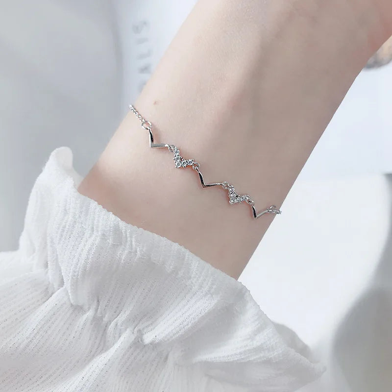 925 Sterling Silver Korean Version Simple Wave Heartbeat Pavé Crystal Bracelet Women Cute Princess Style Jewelry Accessories