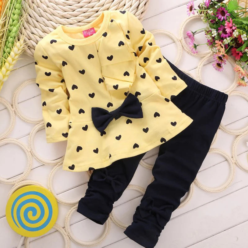 2020 New Fashion Girls Clothing Sets Cotton Children Bow Dress Tops Leggings Kids Round Neck Polka Dot Suits Baby Casual Outfit