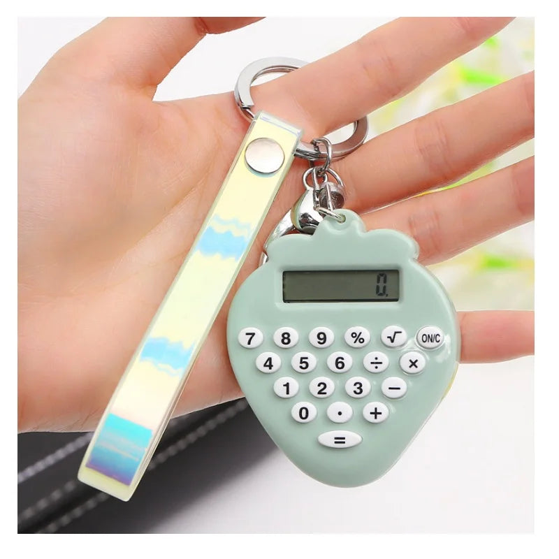 Pocket Size 8 Digits Display Cartoon Mini Ultra-thin Button Battery Cute Stawberry Calculator with Key Chain For School Students