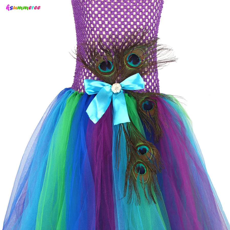 Flower Princess Peacock Costume for Girls Wedding Birthday Party Tutu Dress Kids Pageant Ball Gown Feathers Girl Tulle Dresses