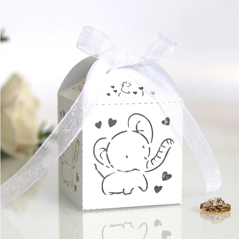 10/50/100pcs Elephant Laser Cut Carriage Favors Box Gifts Candy Boxes With Ribbon Baby Shower Wedding Birthday Party Supplies