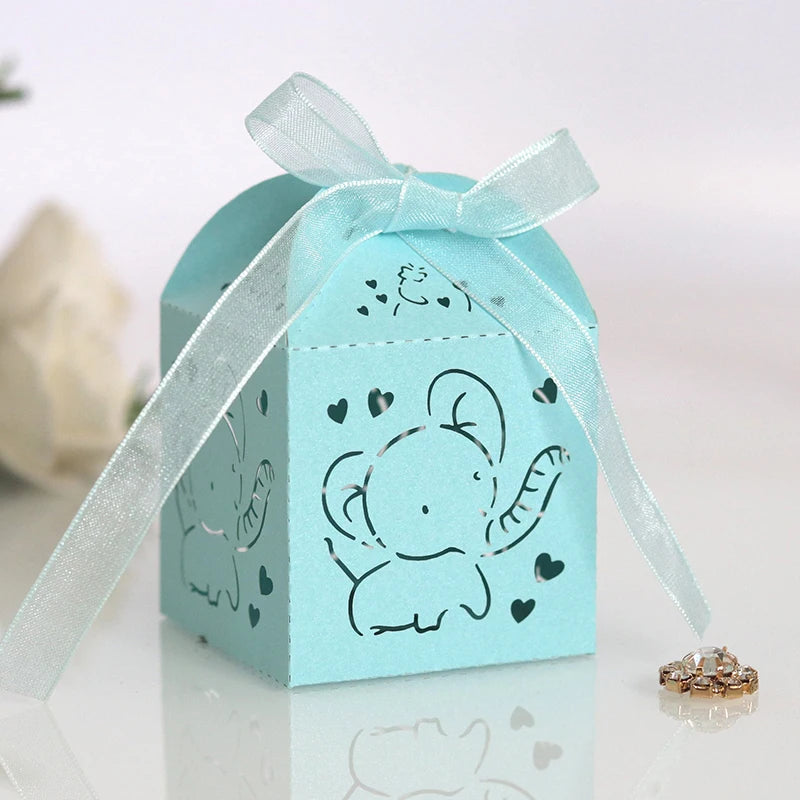 10/50/100pcs Elephant Laser Cut Carriage Favors Box Gifts Candy Boxes With Ribbon Baby Shower Wedding Birthday Party Supplies