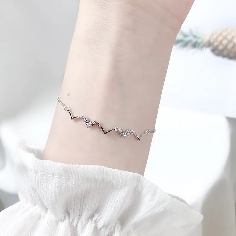 925 Sterling Silver Korean Version Simple Wave Heartbeat Pavé Crystal Bracelet Women Cute Princess Style Jewelry Accessories