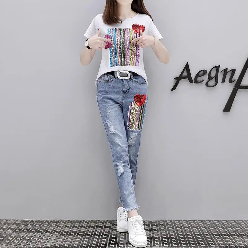 Summer Women Sets Fashion Short Sleeve Sequins T Shirt + Hole Jeans 2pcs Large Size Female Girl Casual Denim Pants Suits Y81