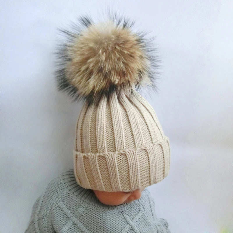 2023 Fashion Children Winter Real Fur Pompom Beanie Hat Scarf Warm Knitted Baby Hats For Kids Girls Boys Pom pom Cap