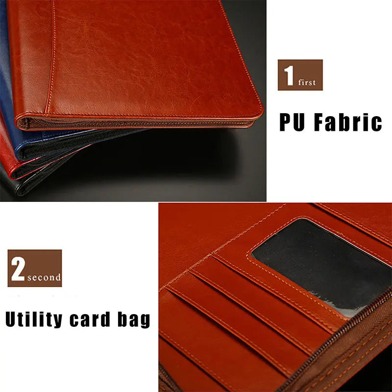 Leather Portfolio A4 Conference File Folder with Calculator Binder Padfolio Document Organizer Clip Business Zippered Briefcase