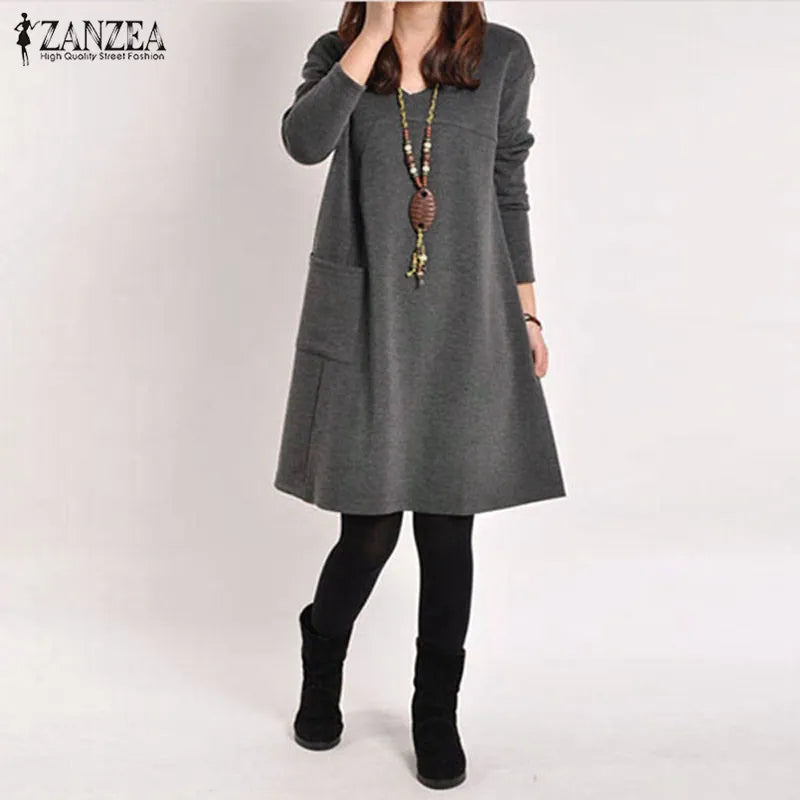 Zanzea 2023 Autumn Winter Women Long Sleeve Pocket Dress Solid O Neck Casual Loose Dresses Vestidos  S-