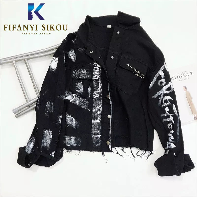 Streetwear Women Denim Jacket Fashion Graffiti Print Long sleeve Jeans Jacket Female Loose Hip hop Jeans Coat Harajuku Jackets