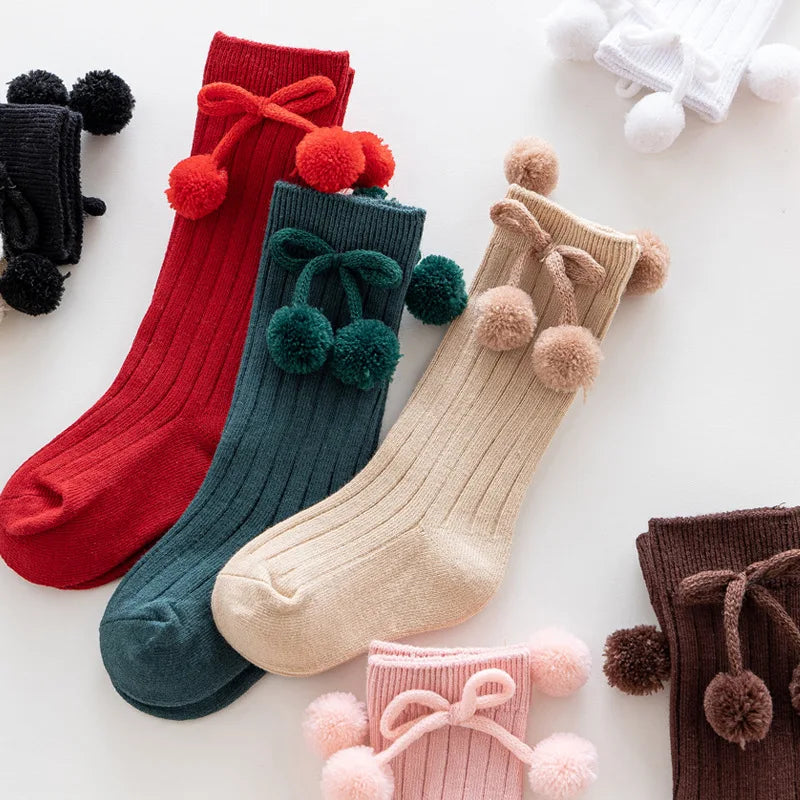 Baby Socks for Girls Boys Autumn Winter Bow Pompom Knee High Long Children's Socks Infant Toddler Cotton Sock Kids Accessories