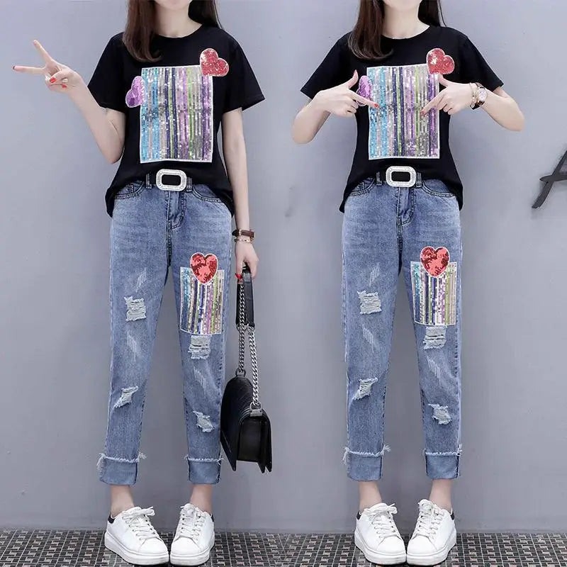 Summer Women Sets Fashion Short Sleeve Sequins T Shirt + Hole Jeans 2pcs Large Size Female Girl Casual Denim Pants Suits Y81