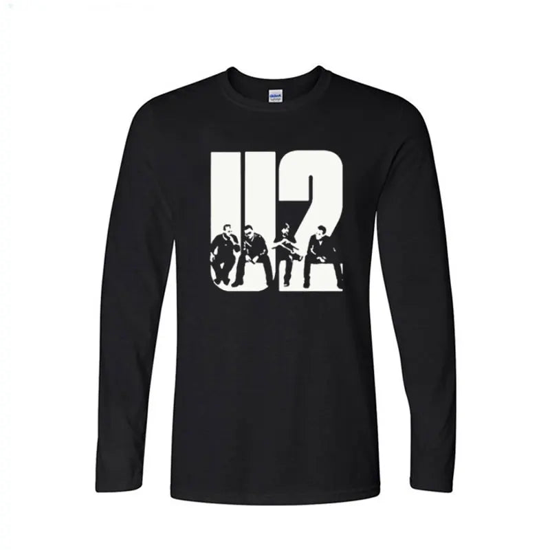 Fashion  brand boys Long Sleeve T-shirt round collar Lovely U2 band printing men Casual t shirt clothing XS-XXL