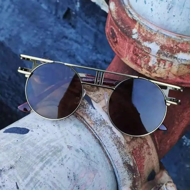 Round Circle Steampunk Sunglasses Men Women Vintage Sun Glasses Brand Design Blue Mirror Lens Oculos De Sol Shades UV Protection