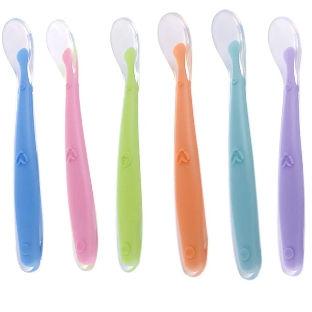 Soft Silicone Baby Feeding Spoon Candy Color Temperature Sensing Spoon Children Food Baby Spoons Feeding Dishes Feeder Flatware