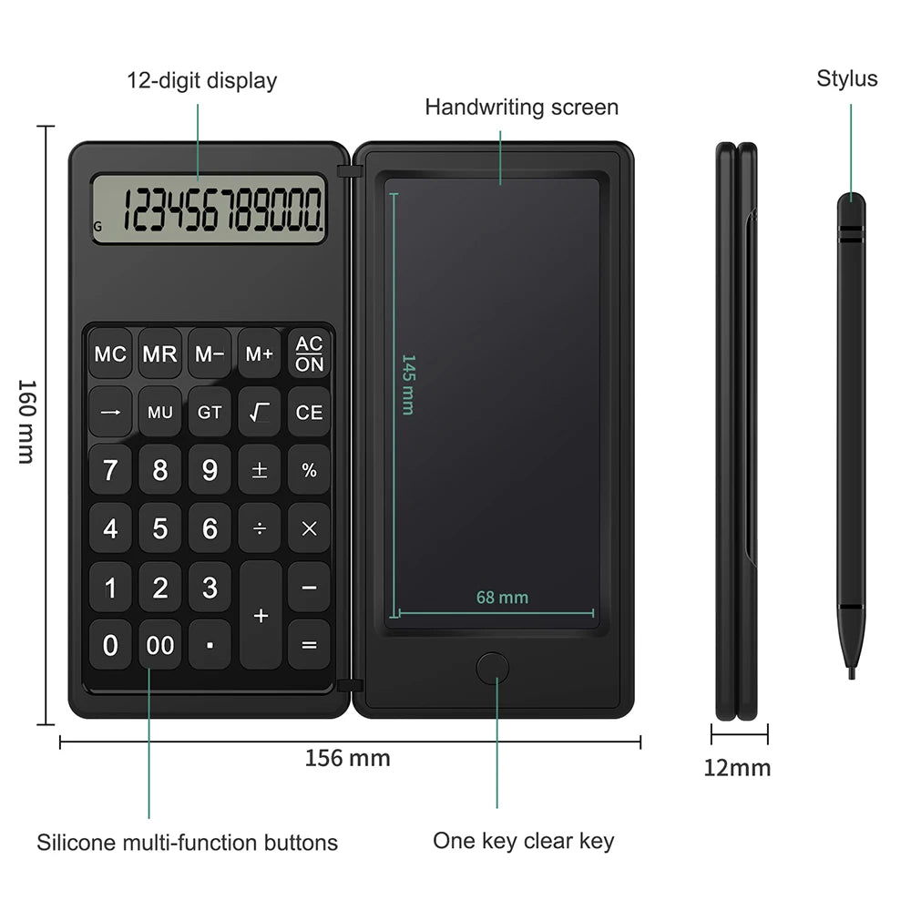 VAORLO Foldable Calculator & 6 Inch LCD Writing Tablet Digital Drawing Pad 12 Digits Display with Stylus Pen Erase Button Lock