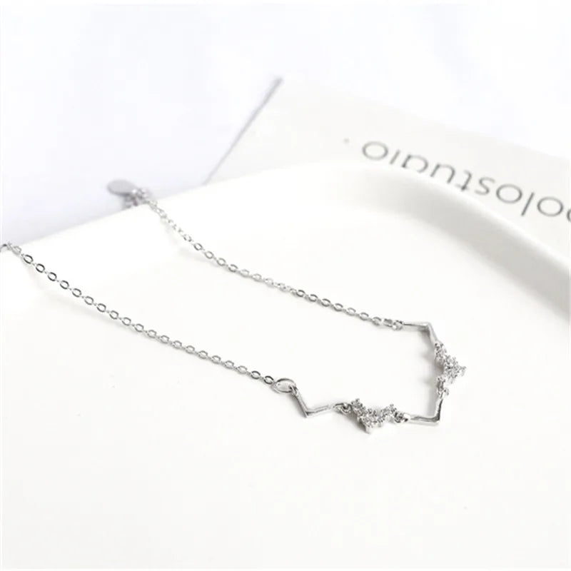 925 Sterling Silver Korean Version Simple Wave Heartbeat Pavé Crystal Bracelet Women Cute Princess Style Jewelry Accessories