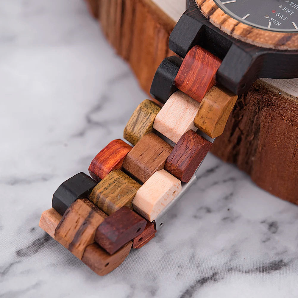 BOBO BIRD Couple Watch Colorful Wooden Strap Watch for Women Week Date Display Quartz Personalized Wood Wristwatch for Men Women