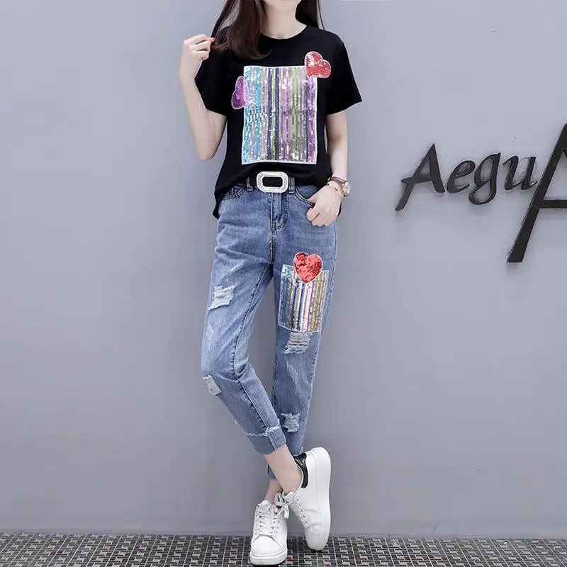 Summer Women Sets Fashion Short Sleeve Sequins T Shirt + Hole Jeans 2pcs Large Size Female Girl Casual Denim Pants Suits Y81