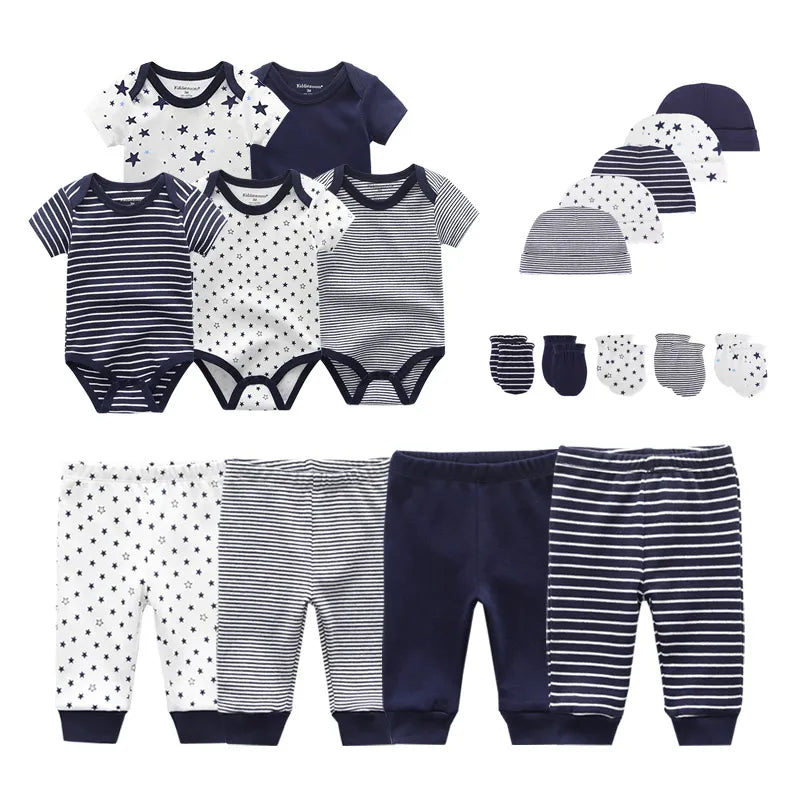 2023 Solid Color Unisex New Born Baby Boy Clothes Bodysuits+Pants+Hats+Gloves/Bibs Baby Girl Clothes Cotton Clothing Sets Bebes