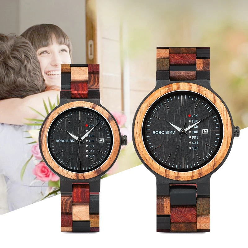 BOBO BIRD Couple Watch Colorful Wooden Strap Watch for Women Week Date Display Quartz Personalized Wood Wristwatch for Men Women