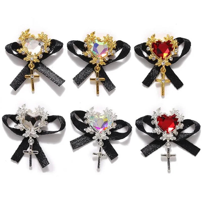 50pcs Japanese Butterfly Ribbon Crystal Nail Charms 3D Heart Diamond Jewelry For Nails Art Manicure Design Accessories 1.5*2.8cm