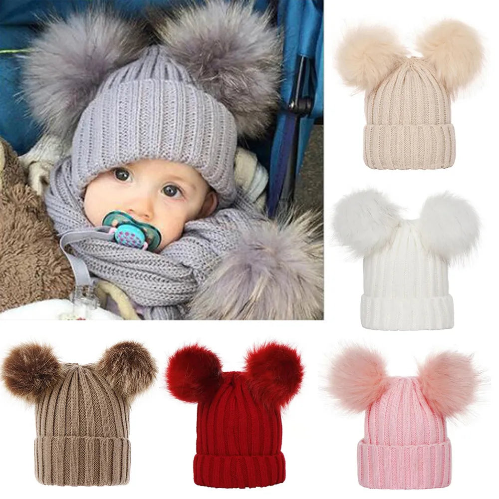 2023 Mother Kids Hats Bobble Hat Children Cap Pom Pom Beanies Caps Kids Cap Infant Bonnet Accessories for Baby Girls Boys 0-3Y