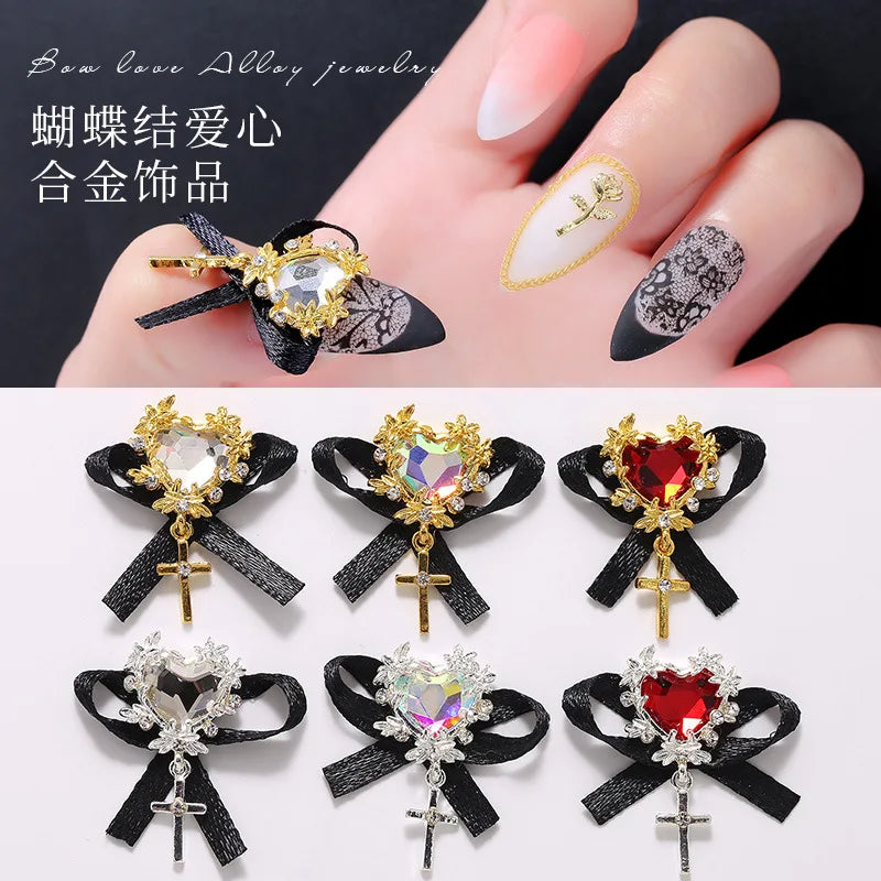 50pcs Japanese Butterfly Ribbon Crystal Nail Charms 3D Heart Diamond Jewelry For Nails Art Manicure Design Accessories 1.5*2.8cm