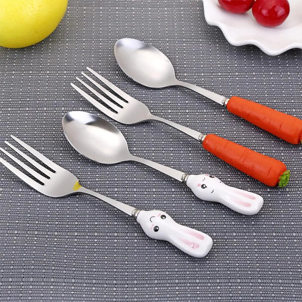 1 Pcs Kids Stainless Steel Spoon Fork Lovely Carrot Rabbit Handle Baby Feeding Spoon Kids Utensils