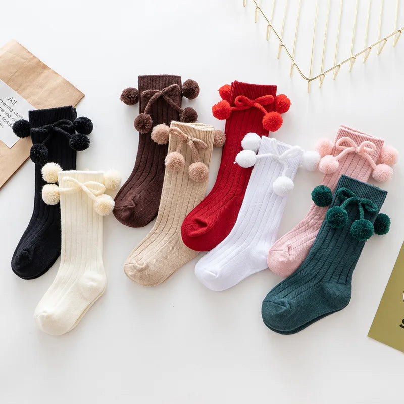 Baby Socks for Girls Boys Autumn Winter Bow Pompom Knee High Long Children's Socks Infant Toddler Cotton Sock Kids Accessories