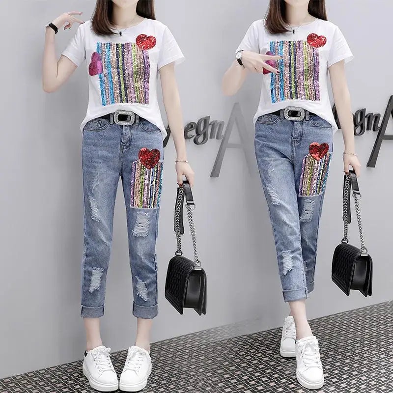 Summer Women Sets Fashion Short Sleeve Sequins T Shirt + Hole Jeans 2pcs Large Size Female Girl Casual Denim Pants Suits Y81