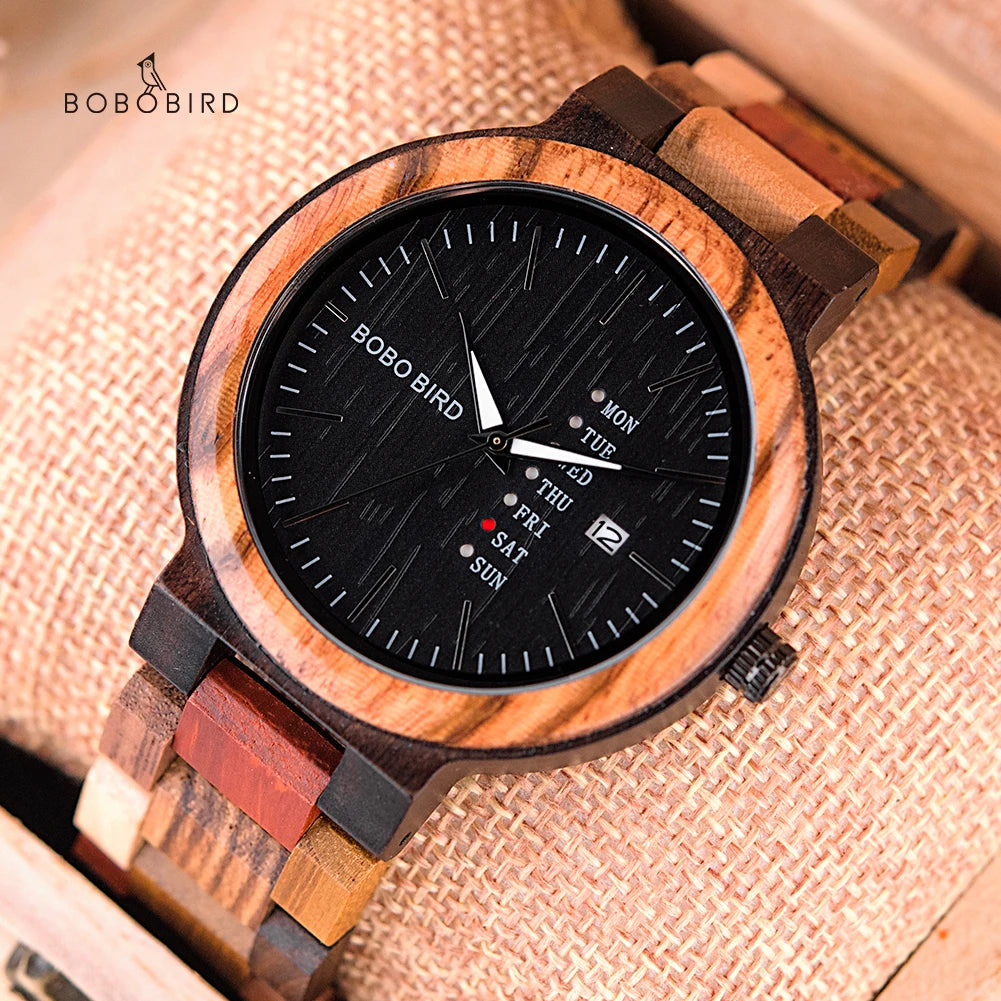 BOBO BIRD Couple Watch Colorful Wooden Strap Watch for Women Week Date Display Quartz Personalized Wood Wristwatch for Men Women