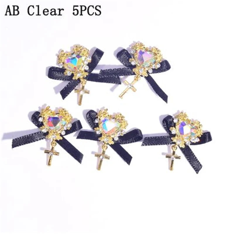 50pcs Japanese Butterfly Ribbon Crystal Nail Charms 3D Heart Diamond Jewelry For Nails Art Manicure Design Accessories 1.5*2.8cm