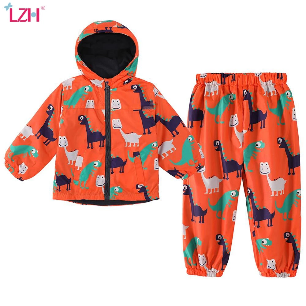 LZH Children Clothing Autumn Winter Kids Boys Clothes Raincoat Waterproof Dinosaur Coat+Pant Outfit Suit For Girls Clothing Sets