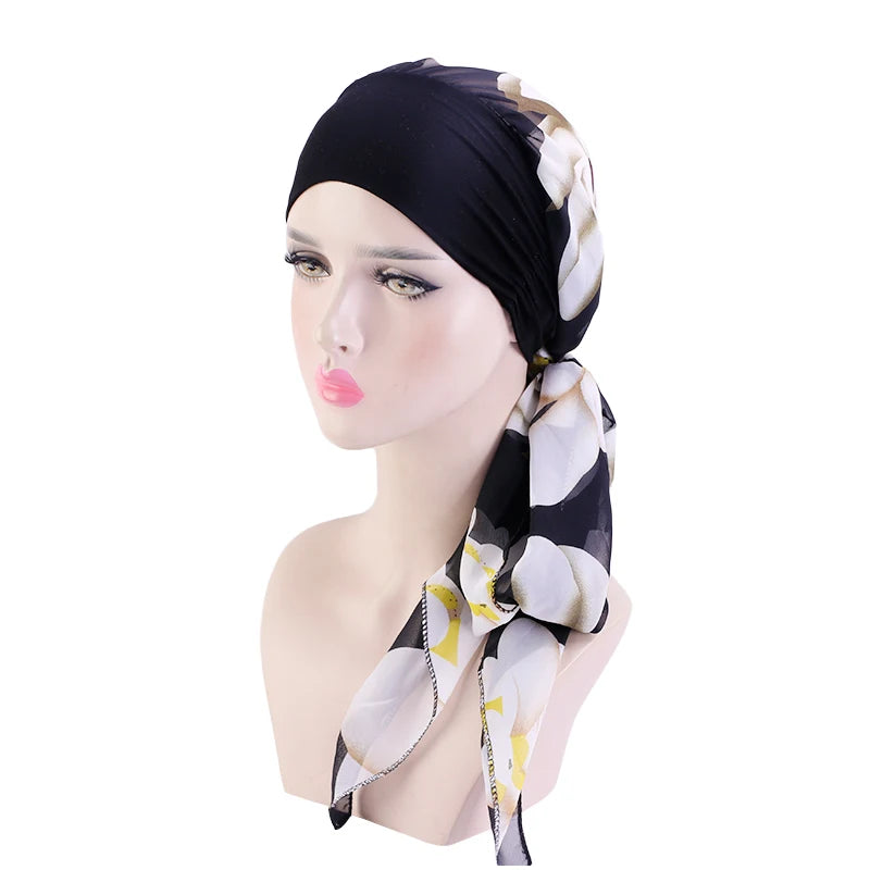 Women Bandana Muslim Headwear Turbans Long Ribbon Head Scarf Head wraps Cancer Chemo Hats Pre-Tied Hair accessories for Women