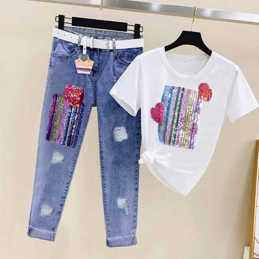 Summer Women Sets Fashion Short Sleeve Sequins T Shirt + Hole Jeans 2pcs Large Size Female Girl Casual Denim Pants Suits Y81