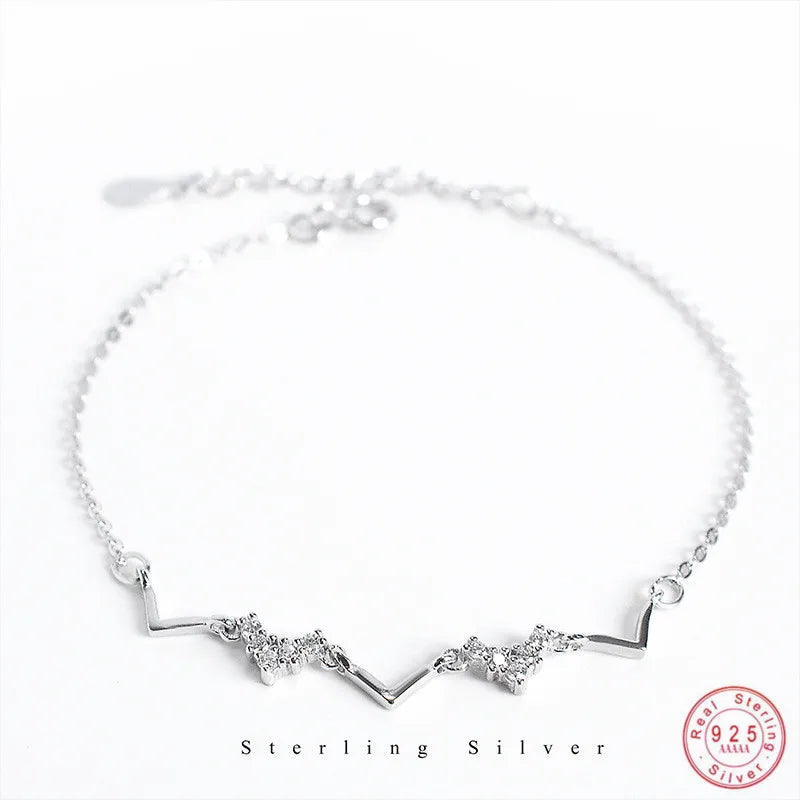 925 Sterling Silver Korean Version Simple Wave Heartbeat Pavé Crystal Bracelet Women Cute Princess Style Jewelry Accessories