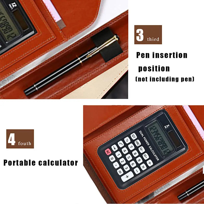 Leather Portfolio A4 Conference File Folder with Calculator Binder Padfolio Document Organizer Clip Business Zippered Briefcase